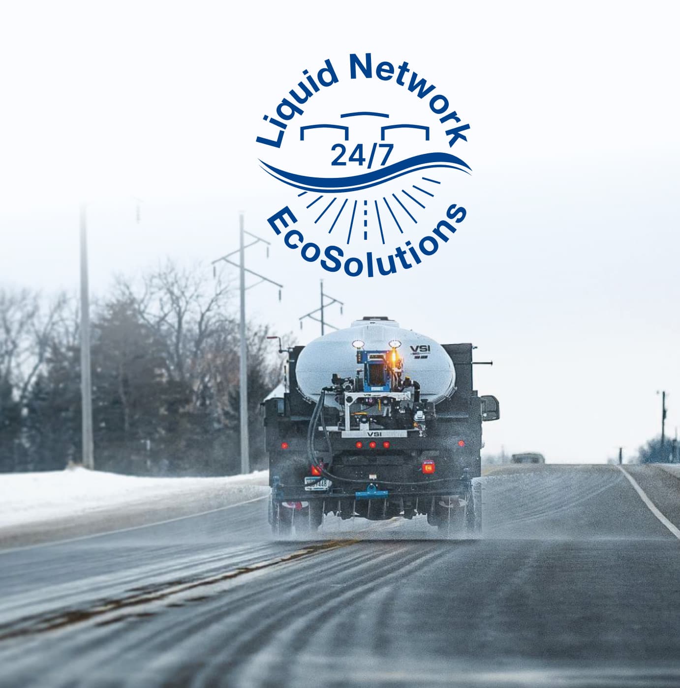 VSI brine truck spreading liquid de-icer on a snowy road